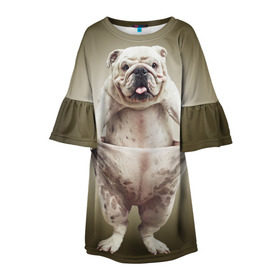 Детское платье 3D с принтом Бульдог английский в Тюмени, 100% полиэстер | прямой силуэт, чуть расширенный к низу. Круглая горловина, на рукавах — воланы | animals | breed | dog | english bulldog | funny | joke | pants | surrealism | бульдог английский | животное | порода | прикол | собака | сюрреализм | шутка