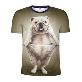 Мужская футболка 3D спортивная с принтом Бульдог английский в Тюмени, 100% полиэстер с улучшенными характеристиками | приталенный силуэт, круглая горловина, широкие плечи, сужается к линии бедра | animals | breed | dog | english bulldog | funny | joke | pants | surrealism | бульдог английский | животное | порода | прикол | собака | сюрреализм | шутка