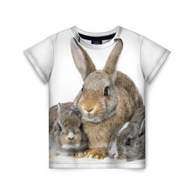 Детская футболка 3D с принтом Кролики в Тюмени, 100% гипоаллергенный полиэфир | прямой крой, круглый вырез горловины, длина до линии бедер, чуть спущенное плечо, ткань немного тянется | Тематика изображения на принте: animals | bunnies | cute | eared | family | fluffy | kids | mom | rabbits | животные | зайцы | кролики | малыши | мама | милые | пушистые | семья | ушастые