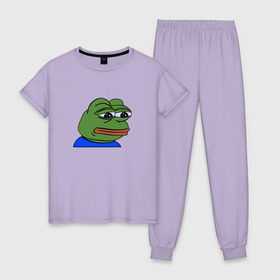 Женская пижама хлопок с принтом sad frog в Тюмени, 100% хлопок | брюки и футболка прямого кроя, без карманов, на брюках мягкая резинка на поясе и по низу штанин | pepe | грустная | мемы | пепе