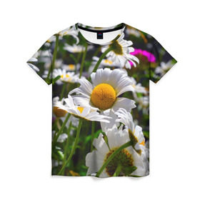 Женская футболка 3D с принтом Ромашки в Тюмени, 100% полиэфир ( синтетическое хлопкоподобное полотно) | прямой крой, круглый вырез горловины, длина до линии бедер | желтая | лепесток | природа | ромашка | цветок | яркая