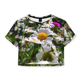 Женская футболка 3D укороченная с принтом Ромашки в Тюмени, 100% полиэстер | круглая горловина, длина футболки до линии талии, рукава с отворотами | желтая | лепесток | природа | ромашка | цветок | яркая