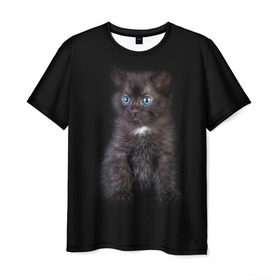 Мужская футболка 3D с принтом Чёрный котёнок в Тюмени, 100% полиэфир | прямой крой, круглый вырез горловины, длина до линии бедер | Тематика изображения на принте: киска | кот | кошка