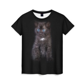 Женская футболка 3D с принтом Чёрный котёнок в Тюмени, 100% полиэфир ( синтетическое хлопкоподобное полотно) | прямой крой, круглый вырез горловины, длина до линии бедер | киска | кот | кошка