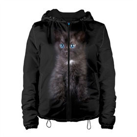 Женская куртка 3D с принтом Чёрный котёнок в Тюмени, ткань верха — 100% полиэстер, подклад — флис | прямой крой, подол и капюшон оформлены резинкой с фиксаторами, два кармана без застежек по бокам, один большой потайной карман на груди. Карман на груди застегивается на липучку | киска | кот | кошка