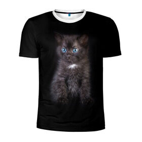 Мужская футболка 3D спортивная с принтом Чёрный котёнок в Тюмени, 100% полиэстер с улучшенными характеристиками | приталенный силуэт, круглая горловина, широкие плечи, сужается к линии бедра | Тематика изображения на принте: киска | кот | кошка