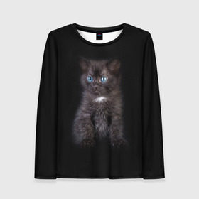 Женский лонгслив 3D с принтом Чёрный котёнок в Тюмени, 100% полиэстер | длинные рукава, круглый вырез горловины, полуприлегающий силуэт | киска | кот | кошка