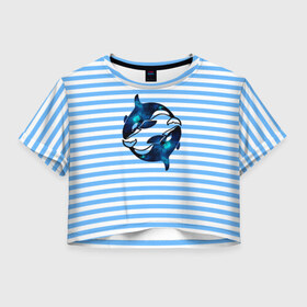 Женская футболка 3D укороченная с принтом Космические косатки в Тюмени, 100% полиэстер | круглая горловина, длина футболки до линии талии, рукава с отворотами | orca | sea | whale | галактика | звезды | кит | косатка | космос | море | океан