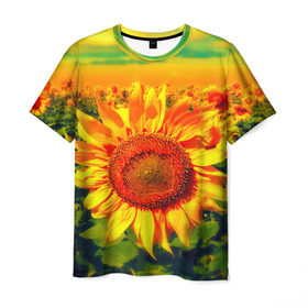 Мужская футболка 3D с принтом Подсолнухи в Тюмени, 100% полиэфир | прямой крой, круглый вырез горловины, длина до линии бедер | Тематика изображения на принте: лето | подсолнух | солнце | цветы