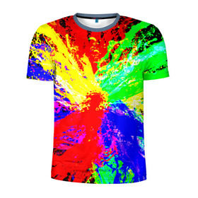 Мужская футболка 3D спортивная с принтом Взрыв цветов в Тюмени, 100% полиэстер с улучшенными характеристиками | приталенный силуэт, круглая горловина, широкие плечи, сужается к линии бедра | брызги | краски | разноцветный | яркий
