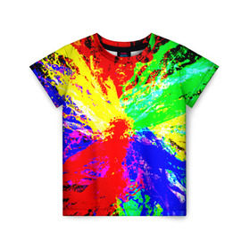 Детская футболка 3D с принтом Взрыв цветов в Тюмени, 100% гипоаллергенный полиэфир | прямой крой, круглый вырез горловины, длина до линии бедер, чуть спущенное плечо, ткань немного тянется | Тематика изображения на принте: брызги | краски | разноцветный | яркий