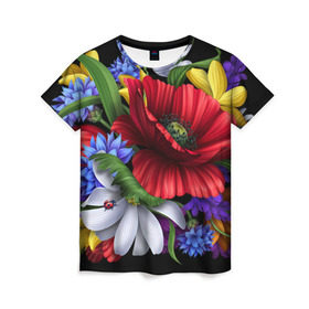 Женская футболка 3D с принтом Композиция цветов в Тюмени, 100% полиэфир ( синтетическое хлопкоподобное полотно) | прямой крой, круглый вырез горловины, длина до линии бедер | композиция | мак | ромашки | цветы