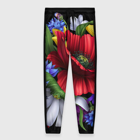 Женские брюки 3D с принтом Композиция цветов в Тюмени, полиэстер 100% | прямой крой, два кармана без застежек по бокам, с мягкой трикотажной резинкой на поясе и по низу штанин. В поясе для дополнительного комфорта — широкие завязки | композиция | мак | ромашки | цветы
