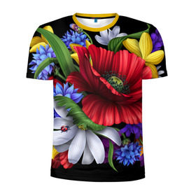 Мужская футболка 3D спортивная с принтом Композиция цветов в Тюмени, 100% полиэстер с улучшенными характеристиками | приталенный силуэт, круглая горловина, широкие плечи, сужается к линии бедра | композиция | мак | ромашки | цветы