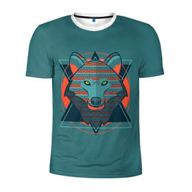 Мужская футболка 3D спортивная с принтом Волк в Тюмени, 100% полиэстер с улучшенными характеристиками | приталенный силуэт, круглая горловина, широкие плечи, сужается к линии бедра | арт | волк | глаза | искусство | красный | синий | стилизация | треугольники | цвет