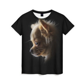 Женская футболка 3D с принтом Чихуахуа в Тюмени, 100% полиэфир ( синтетическое хлопкоподобное полотно) | прямой крой, круглый вырез горловины, длина до линии бедер | голова животного | прикольные картинки | собака | чихуахуа | щенок