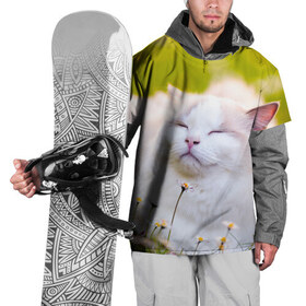 Накидка на куртку 3D с принтом Белая киса в Тюмени, 100% полиэстер |  | cat | киса | котенок | кошка | лето | ромашки | солнце