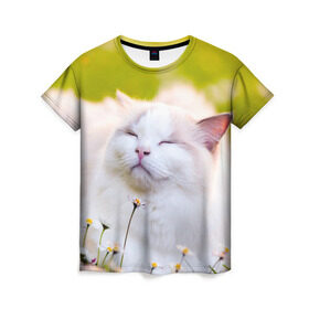 Женская футболка 3D с принтом Белая киса в Тюмени, 100% полиэфир ( синтетическое хлопкоподобное полотно) | прямой крой, круглый вырез горловины, длина до линии бедер | cat | киса | котенок | кошка | лето | ромашки | солнце