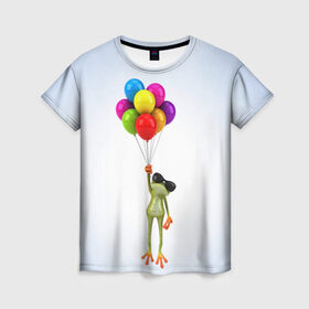Женская футболка 3D с принтом Лягушка на воздушных шарах в Тюмени, 100% полиэфир ( синтетическое хлопкоподобное полотно) | прямой крой, круглый вырез горловины, длина до линии бедер | 