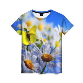 Женская футболка 3D с принтом Ромашки и бабочка в Тюмени, 100% полиэфир ( синтетическое хлопкоподобное полотно) | прямой крой, круглый вырез горловины, длина до линии бедер | бабочки | лето | природа | ромашки | цветы