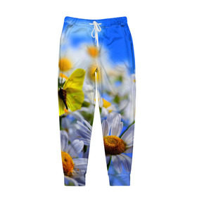 Мужские брюки 3D с принтом Ромашки и бабочка в Тюмени, 100% полиэстер | манжеты по низу, эластичный пояс регулируется шнурком, по бокам два кармана без застежек, внутренняя часть кармана из мелкой сетки | бабочки | лето | природа | ромашки | цветы