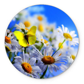 Коврик круглый с принтом Ромашки и бабочка в Тюмени, резина и полиэстер | круглая форма, изображение наносится на всю лицевую часть | бабочки | лето | природа | ромашки | цветы