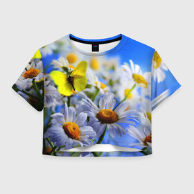 Женская футболка 3D укороченная с принтом Ромашки и бабочка в Тюмени, 100% полиэстер | круглая горловина, длина футболки до линии талии, рукава с отворотами | бабочки | лето | природа | ромашки | цветы