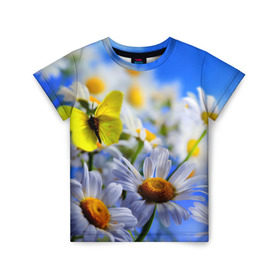 Детская футболка 3D с принтом Ромашки и бабочка в Тюмени, 100% гипоаллергенный полиэфир | прямой крой, круглый вырез горловины, длина до линии бедер, чуть спущенное плечо, ткань немного тянется | Тематика изображения на принте: бабочки | лето | природа | ромашки | цветы