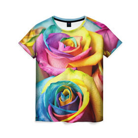 Женская футболка 3D с принтом Цветные розы в Тюмени, 100% полиэфир ( синтетическое хлопкоподобное полотно) | прямой крой, круглый вырез горловины, длина до линии бедер | девушкам | розы | цветные | цветы