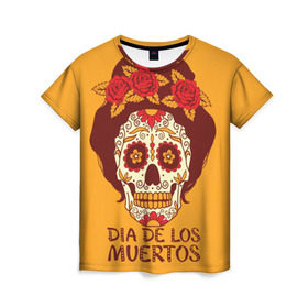 Женская футболка 3D с принтом Мексиканский череп в Тюмени, 100% полиэфир ( синтетическое хлопкоподобное полотно) | прямой крой, круглый вырез горловины, длина до линии бедер | cobwebs | color | day of the dead | dead | death | eyes | girl | holiday | makeup | mask | mexican skull | mexico | ornament | pattern | взгляд | девушка | день мертвых | макияж | маска | мексика | мексиканский череп | мертвецов | орнамент | паутина | пра