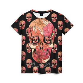 Женская футболка 3D с принтом Мексиканский череп в Тюмени, 100% полиэфир ( синтетическое хлопкоподобное полотно) | прямой крой, круглый вырез горловины, длина до линии бедер | Тематика изображения на принте: день мертвых | мексика | паттерн | традиция | узоры | цветы