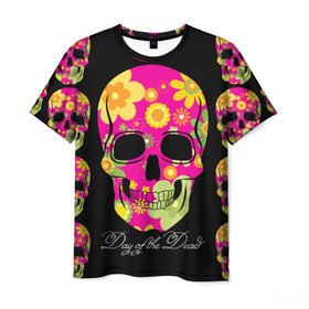 Мужская футболка 3D с принтом Мексиканский череп в Тюмени, 100% полиэфир | прямой крой, круглый вырез горловины, длина до линии бедер | день мертвыхэ | мексика | разноцветный | традция | узоры | цветы | яркий