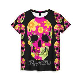 Женская футболка 3D с принтом Мексиканский череп в Тюмени, 100% полиэфир ( синтетическое хлопкоподобное полотно) | прямой крой, круглый вырез горловины, длина до линии бедер | Тематика изображения на принте: день мертвыхэ | мексика | разноцветный | традция | узоры | цветы | яркий