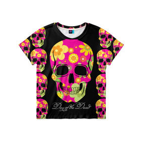 Детская футболка 3D с принтом Мексиканский череп в Тюмени, 100% гипоаллергенный полиэфир | прямой крой, круглый вырез горловины, длина до линии бедер, чуть спущенное плечо, ткань немного тянется | день мертвыхэ | мексика | разноцветный | традция | узоры | цветы | яркий