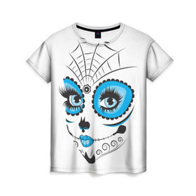 Женская футболка 3D с принтом Мексиканский череп в Тюмени, 100% полиэфир ( синтетическое хлопкоподобное полотно) | прямой крой, круглый вырез горловины, длина до линии бедер | белый | девушка | день мертвых | мексика | традция | узоры | цветы