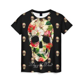 Женская футболка 3D с принтом Мексиканский череп в Тюмени, 100% полиэфир ( синтетическое хлопкоподобное полотно) | прямой крой, круглый вырез горловины, длина до линии бедер | день мертвых | мексика | паттерн | темный | традция | узоры | цветочный | цветы
