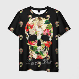 Мужская футболка 3D с принтом Мексиканский череп в Тюмени, 100% полиэфир | прямой крой, круглый вырез горловины, длина до линии бедер | день мертвых | мексика | паттерн | темный | традция | узоры | цветочный | цветы