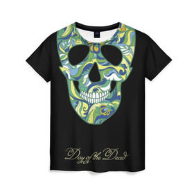 Женская футболка 3D с принтом Мексиканский череп в Тюмени, 100% полиэфир ( синтетическое хлопкоподобное полотно) | прямой крой, круглый вырез горловины, длина до линии бедер | день мертвых | мексика | разноцветный | традиция | узоры | цветы | черный | яркий