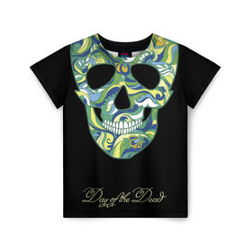 Детская футболка 3D с принтом Мексиканский череп в Тюмени, 100% гипоаллергенный полиэфир | прямой крой, круглый вырез горловины, длина до линии бедер, чуть спущенное плечо, ткань немного тянется | день мертвых | мексика | разноцветный | традиция | узоры | цветы | черный | яркий