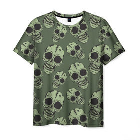 Мужская футболка 3D с принтом Зеленые черепа в Тюмени, 100% полиэфир | прямой крой, круглый вырез горловины, длина до линии бедер | болотный | паттерн