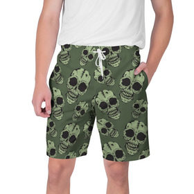 Мужские шорты 3D с принтом Зеленые черепа в Тюмени,  полиэстер 100% | прямой крой, два кармана без застежек по бокам. Мягкая трикотажная резинка на поясе, внутри которой широкие завязки. Длина чуть выше колен | болотный | паттерн