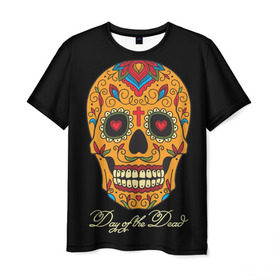 Мужская футболка 3D с принтом Мексиканский череп в Тюмени, 100% полиэфир | прямой крой, круглый вырез горловины, длина до линии бедер | день мертвых | мексика | традция | узоры | цветы