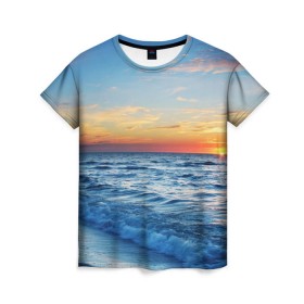 Женская футболка 3D с принтом Море на закате в Тюмени, 100% полиэфир ( синтетическое хлопкоподобное полотно) | прямой крой, круглый вырез горловины, длина до линии бедер | волны | закат | море | небо | облака | пейзаж | пляж