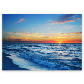 Поздравительная открытка с принтом Море на закате в Тюмени, 100% бумага | плотность бумаги 280 г/м2, матовая, на обратной стороне линовка и место для марки
 | Тематика изображения на принте: волны | закат | море | небо | облака | пейзаж | пляж