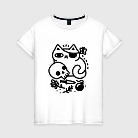 Женская футболка хлопок с принтом Кот разбойник в Тюмени, 100% хлопок | прямой крой, круглый вырез горловины, длина до линии бедер, слегка спущенное плечо | кот | коты | кошки | пираты | разбойники | череп
