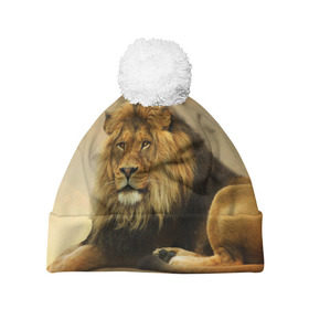 Шапка 3D c помпоном с принтом Величиственый лев в Тюмени, 100% полиэстер | универсальный размер, печать по всей поверхности изделия | Тематика изображения на принте: царь зверей