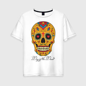 Женская футболка хлопок Oversize с принтом Мексиканский череп в Тюмени, 100% хлопок | свободный крой, круглый ворот, спущенный рукав, длина до линии бедер
 | color | day of the dead | dead | death | halloween | holiday | mexican skull | mexico | ornament | pattern | день мертвых | мексика | мексиканский череп | мертвецов | орнамент | праздник | узоры | хэллоуин | цветы