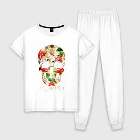 Женская пижама хлопок с принтом Мексиканский череп в Тюмени, 100% хлопок | брюки и футболка прямого кроя, без карманов, на брюках мягкая резинка на поясе и по низу штанин | 