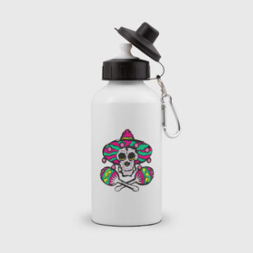 Бутылка спортивная с принтом Мексиканский череп в Тюмени, металл | емкость — 500 мл, в комплекте две пластиковые крышки и карабин для крепления | 