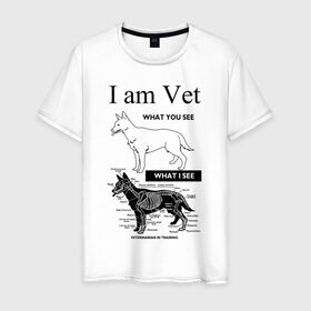 Мужская футболка хлопок с принтом I Am Vet в Тюмени, 100% хлопок | прямой крой, круглый вырез горловины, длина до линии бедер, слегка спущенное плечо. | ветеринар | ветеринарный врач | кошки | скелет | собаки
